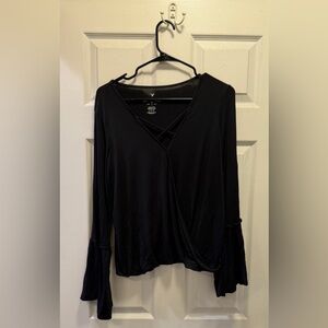 American Eagle Outfitters Black Long-Sleeve Wrap Top with Crisscross Neckline